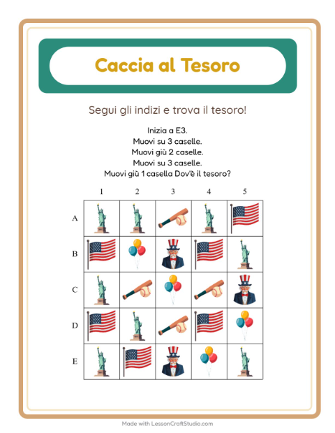 Anteprima della scheda di Caccia Al Tesoro con 4 luglio per Scuola primaria classe prima