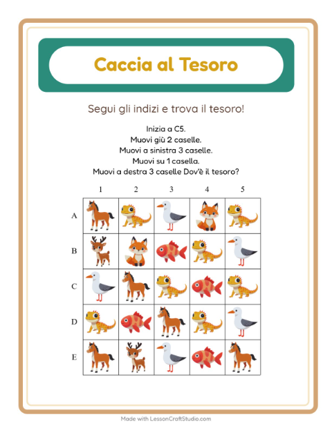 Anteprima della scheda di Caccia Al Tesoro con Animali per Scuola primaria classe prima