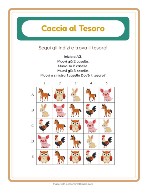 Anteprima della scheda di Caccia Al Tesoro con Animali della fattoria per Scuola primaria classe prima