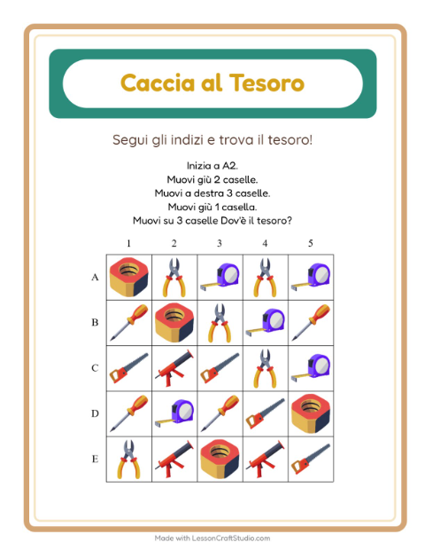 Anteprima della scheda di Caccia Al Tesoro con Attrezzi per Scuola primaria classe prima