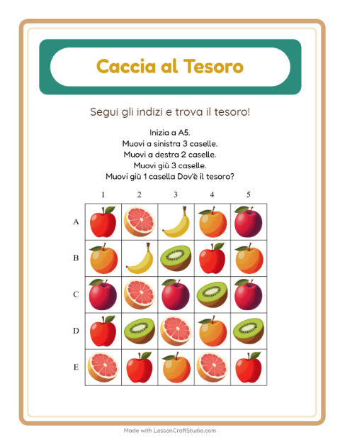 Anteprima della scheda di Caccia Al Tesoro con Frutta per Scuola primaria classe prima