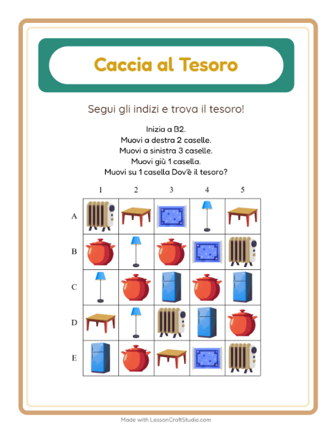 Anteprima della scheda di Caccia Al Tesoro con In giro per casa per Scuola primaria classe prima