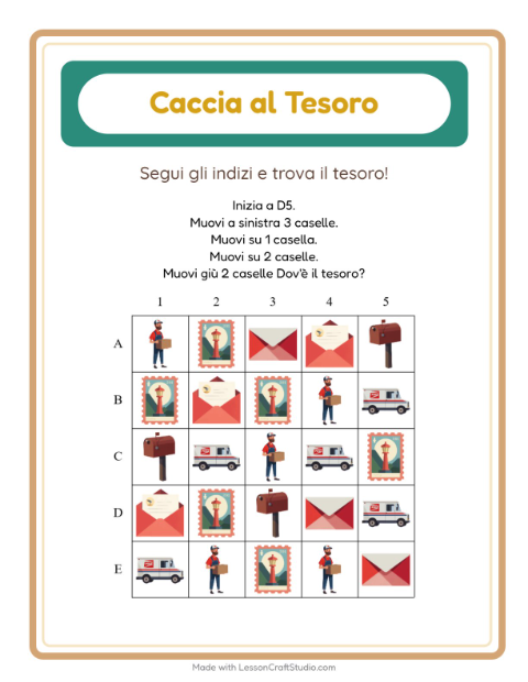 Anteprima della scheda di Caccia Al Tesoro con Ufficio postale per Scuola primaria classe prima