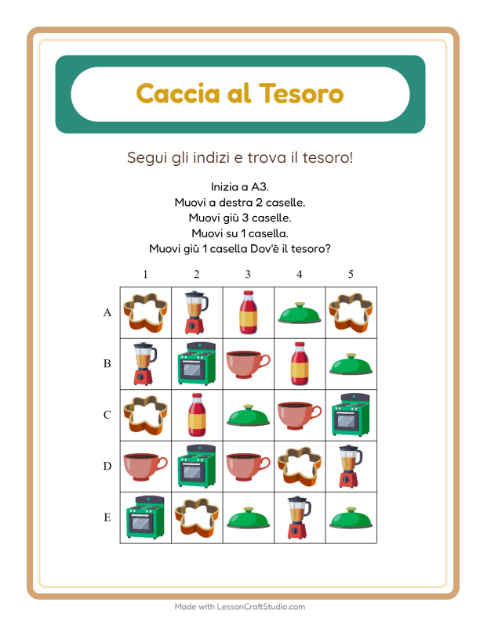 Anteprima della scheda di Caccia Al Tesoro con Utensili da cucina per Scuola primaria classe prima