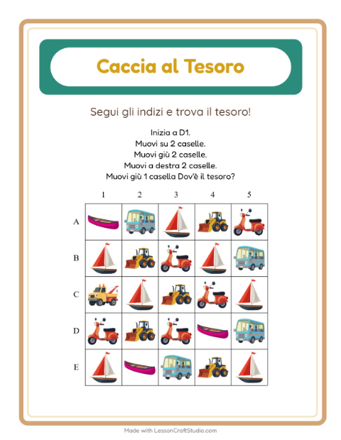 Anteprima della scheda di Caccia Al Tesoro con Veicoli per Scuola primaria classe prima