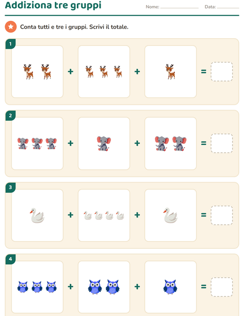 Anteprima della scheda di Calcolo con le immagini con Animali per Scuola primaria classe prima