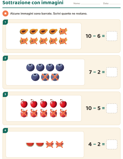 Anteprima della scheda di Calcolo con le immagini con Frutta per Scuola primaria classe prima