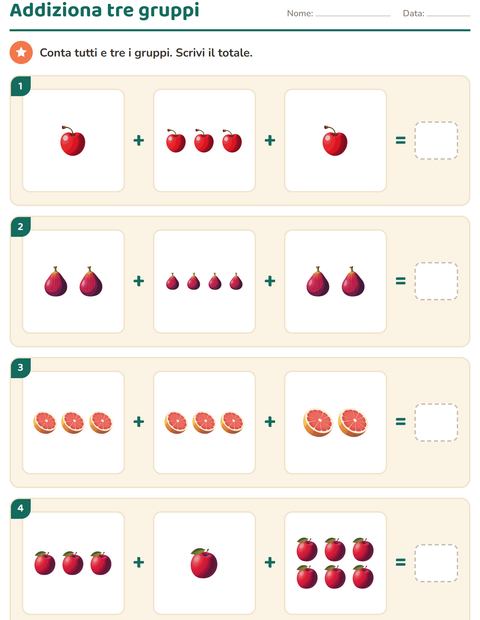 Anteprima della scheda di Calcolo con le immagini con Frutta per Scuola primaria classe prima
