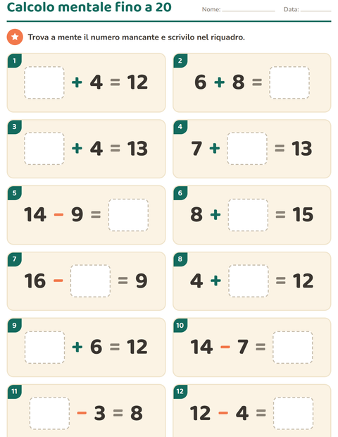 Anteprima della scheda di Calcolo mentale per Scuola primaria classe prima