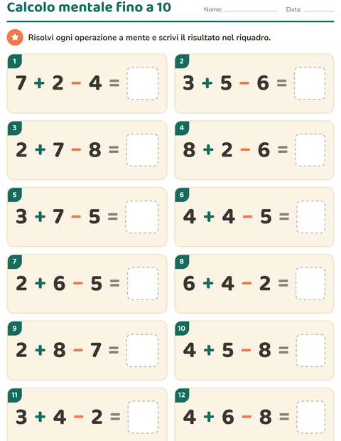 Anteprima della scheda di Calcolo mentale per Scuola primaria classe prima