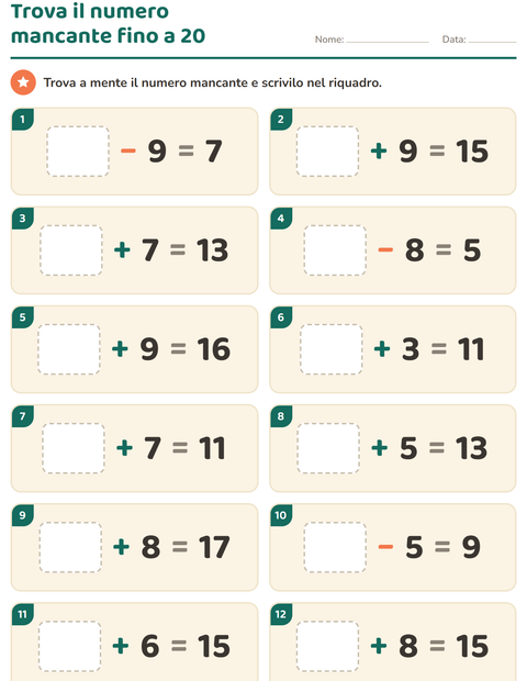 Anteprima della scheda di Calcolo mentale per Scuola primaria classe prima
