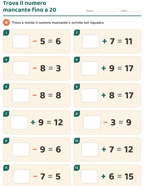 Anteprima della scheda di Calcolo mentale per Scuola primaria classe prima