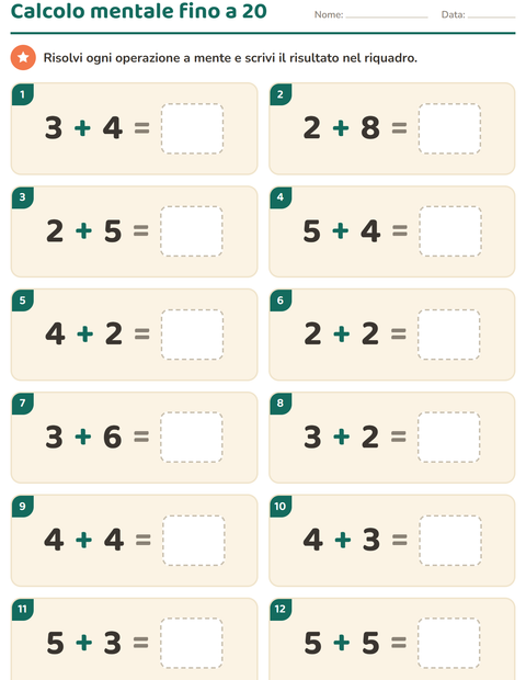 Anteprima della scheda di Calcolo mentale per Scuola primaria classe prima