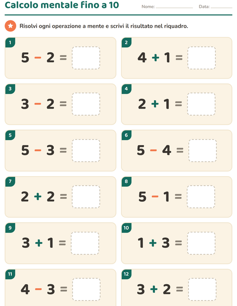 Anteprima della scheda di Calcolo mentale per Scuola primaria classe prima