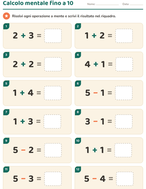 Anteprima della scheda di Calcolo mentale per Scuola primaria classe prima