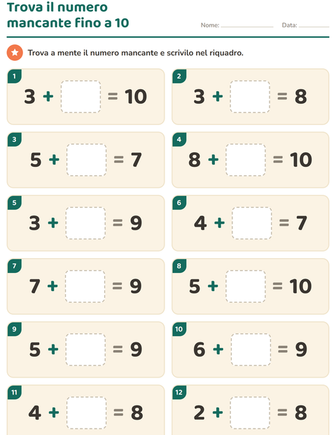 Anteprima della scheda di Calcolo mentale per Scuola primaria classe prima