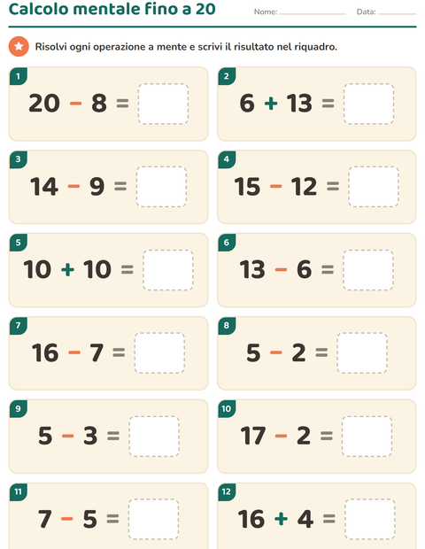 Anteprima della scheda di Calcolo mentale per Scuola primaria classe prima