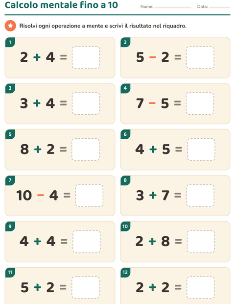 Anteprima della scheda di Calcolo mentale per Scuola primaria classe prima