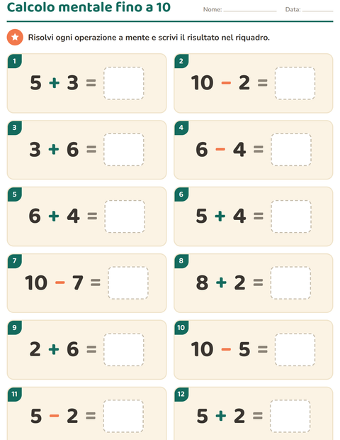 Anteprima della scheda di Calcolo mentale per Scuola primaria classe prima