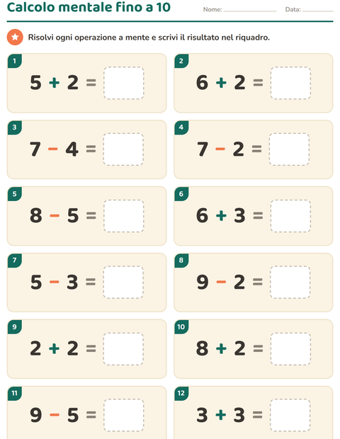 Anteprima della scheda di Calcolo mentale per Scuola primaria classe prima