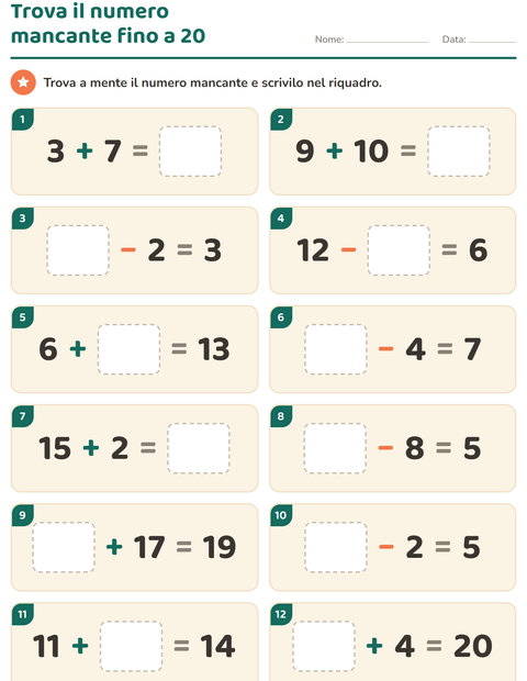 Anteprima della scheda di Calcolo mentale per Scuola primaria classe prima