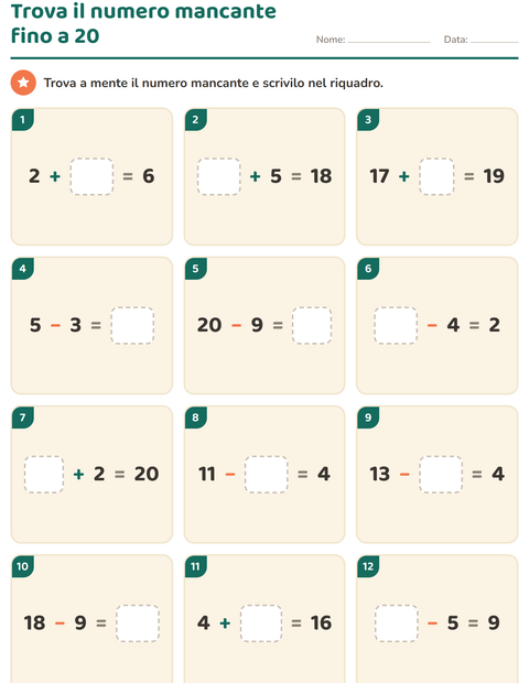 Trova il numero mancante nelle operazioni fino a 20