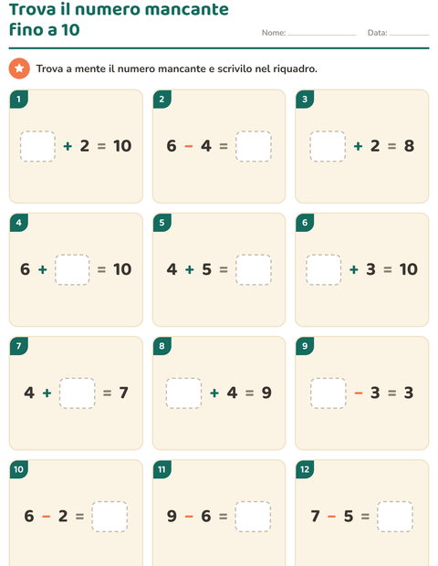 Anteprima di Trova il numero mancante nelle operazioni fino a 10
