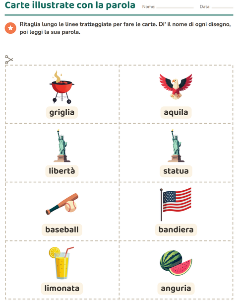 Anteprima della scheda di Carte illustrate con la parola con 4 luglio per Scuola dell'infanzia (5-7 anni)