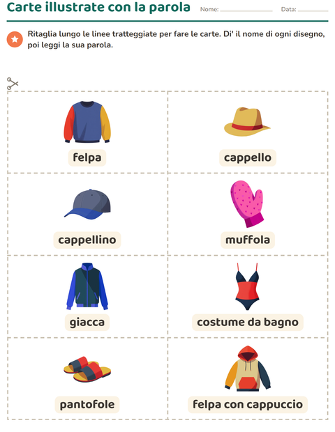 Anteprima della scheda di Carte illustrate con la parola con Abbigliamento per Scuola dell'infanzia (5-7 anni)