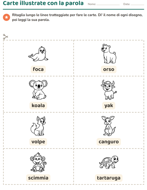 Anteprima della scheda di Carte illustrate con la parola con Animali dello zoo BN per Scuola dell'infanzia (5-7 anni)