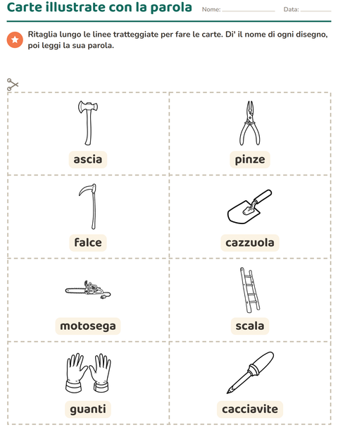 Anteprima della scheda di Carte illustrate con la parola con Attrezzi BN per Scuola dell'infanzia (5-7 anni)