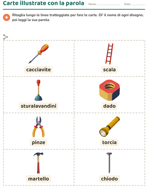 Anteprima della scheda di Carte illustrate con la parola con Attrezzi per Scuola dell'infanzia (5-7 anni)