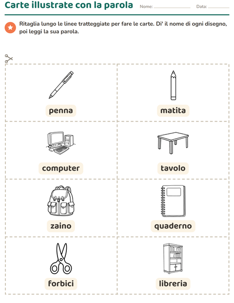 Anteprima della scheda di Carte illustrate con la parola con Aula 2 (B/N) per Scuola dell'infanzia (5-7 anni)