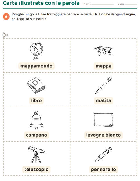 Anteprima della scheda di Carte illustrate con la parola con Aula (B/N) per Scuola dell'infanzia (5-7 anni)