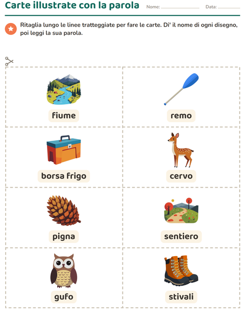 Anteprima della scheda di Carte illustrate con la parola con Campeggio per Scuola dell'infanzia (5-7 anni)