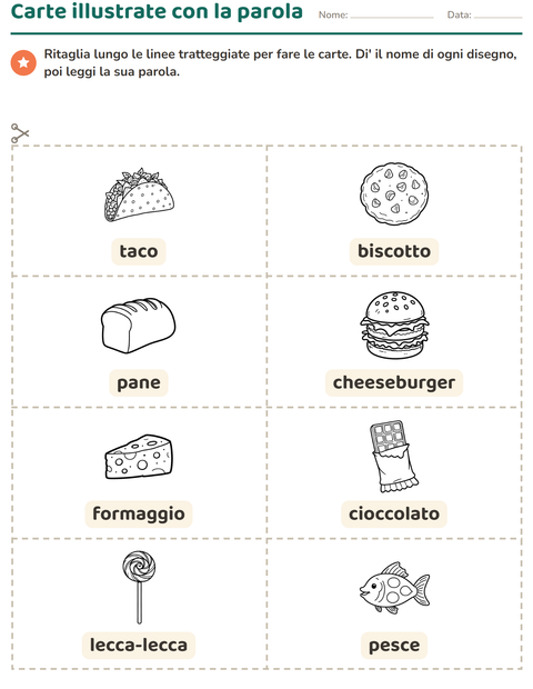 Anteprima della scheda di Carte illustrate con la parola con Cibo BN per Scuola dell'infanzia (5-7 anni)