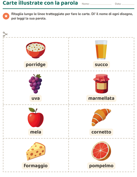 Anteprima della scheda di Carte illustrate con la parola con Colazione per Scuola dell'infanzia (5-7 anni)