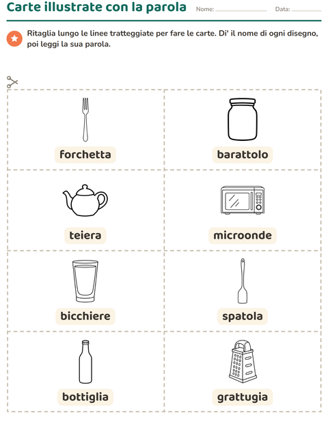 Anteprima della scheda di Carte illustrate con la parola con Cucina BN per Scuola dell'infanzia (5-7 anni)