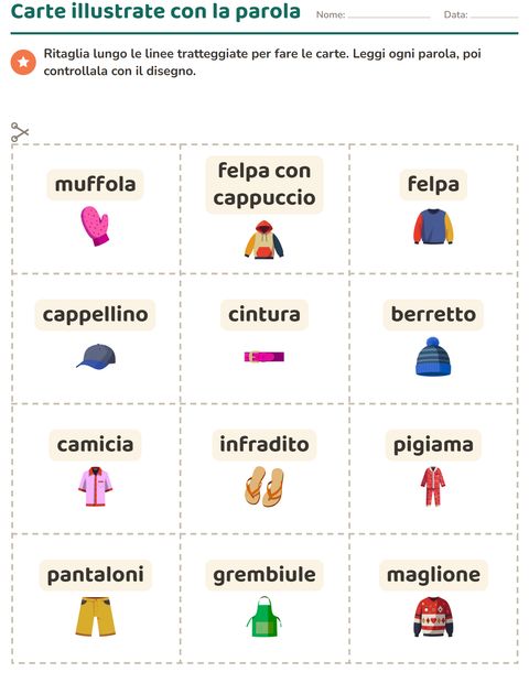 Anteprima della scheda di Carte illustrate con la parola con Abbigliamento per Scuola dell'infanzia (5-7 anni)