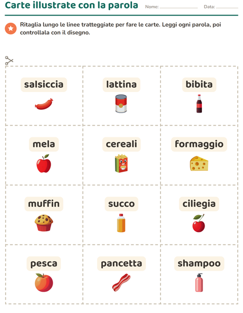 Anteprima della scheda di Carte illustrate con la parola con Al supermercato per Scuola dell'infanzia (5-7 anni)