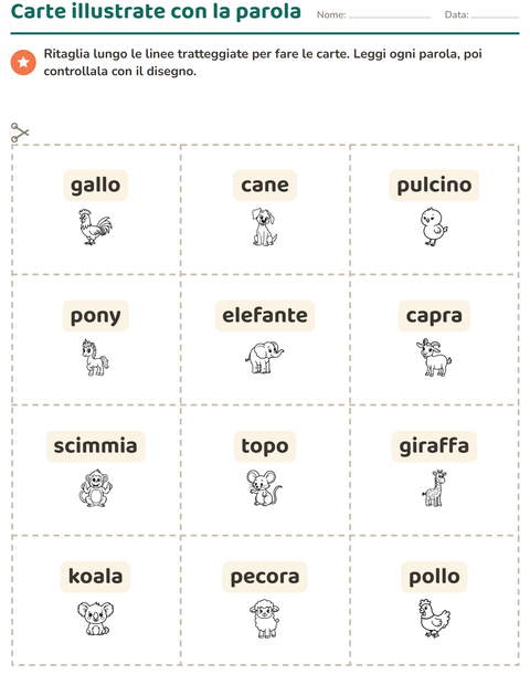 Anteprima della scheda di Carte illustrate con la parola con Animali BN 4 per Scuola dell'infanzia (5-7 anni)