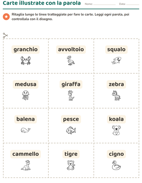 Anteprima della scheda di Carte illustrate con la parola con Animali BN 5 per Scuola dell'infanzia (5-7 anni)