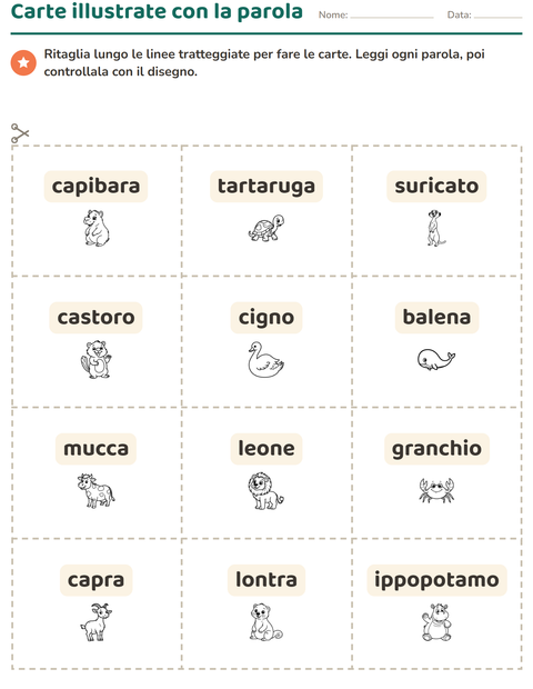 Anteprima della scheda di Carte illustrate con la parola con Animali BN per Scuola dell'infanzia (5-7 anni)