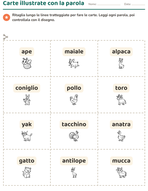 Anteprima della scheda di Carte illustrate con la parola con Animali della fattoria BN per Scuola dell'infanzia (5-7 anni)