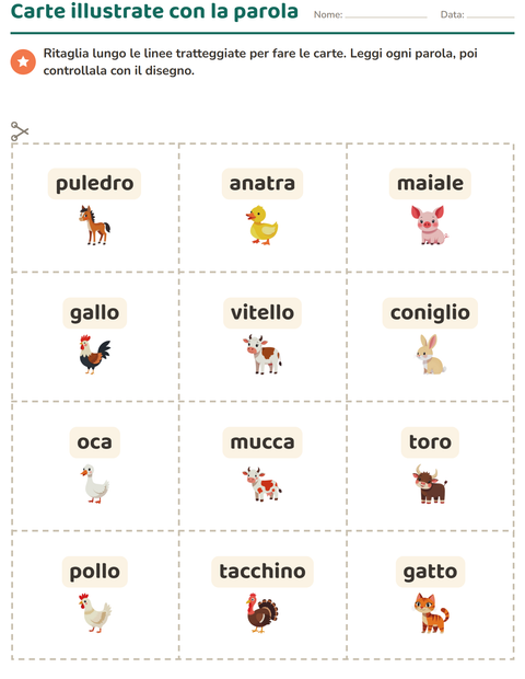 Anteprima della scheda di Carte illustrate con la parola con Animali della fattoria per Scuola dell'infanzia (5-7 anni)