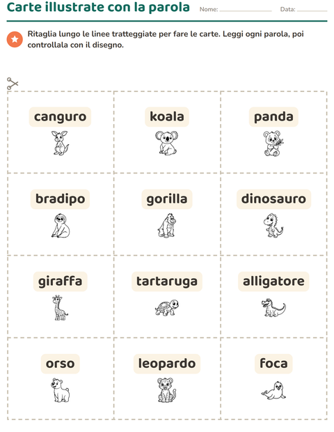 Anteprima della scheda di Carte illustrate con la parola con Animali dello zoo BN per Scuola dell'infanzia (5-7 anni)