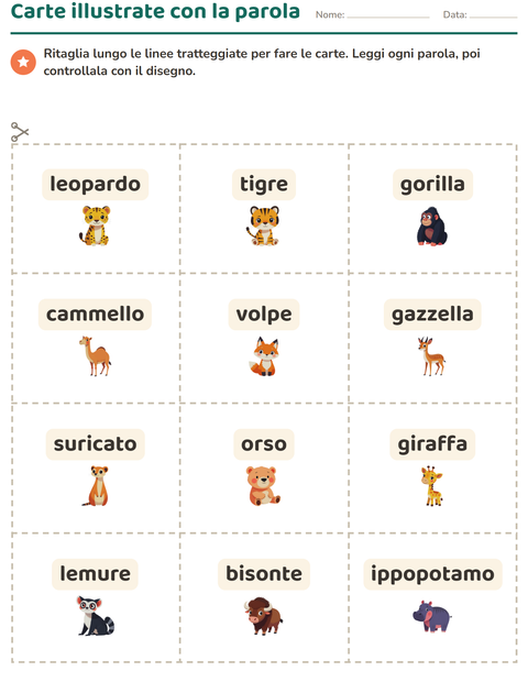 Anteprima della scheda di Carte illustrate con la parola con Animali dello zoo per Scuola dell'infanzia (5-7 anni)