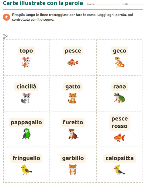 Anteprima della scheda di Carte illustrate con la parola con Animali domestici per Scuola dell'infanzia (5-7 anni)