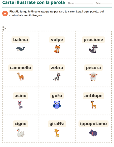 Anteprima della scheda di Carte illustrate con la parola con Animali per Scuola dell'infanzia (5-7 anni)