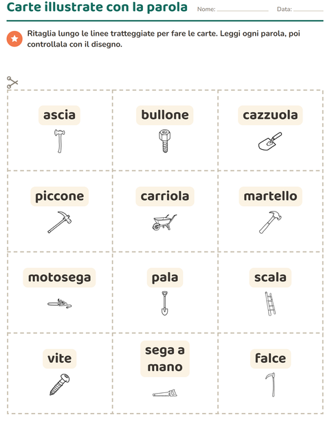 Anteprima della scheda di Carte illustrate con la parola con Attrezzi BN per Scuola dell'infanzia (5-7 anni)